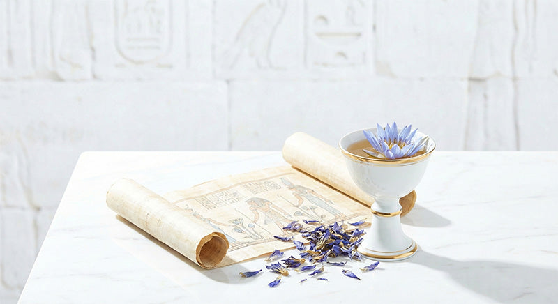 Blue Lotus tea with dried Blue Lotus on a white surface