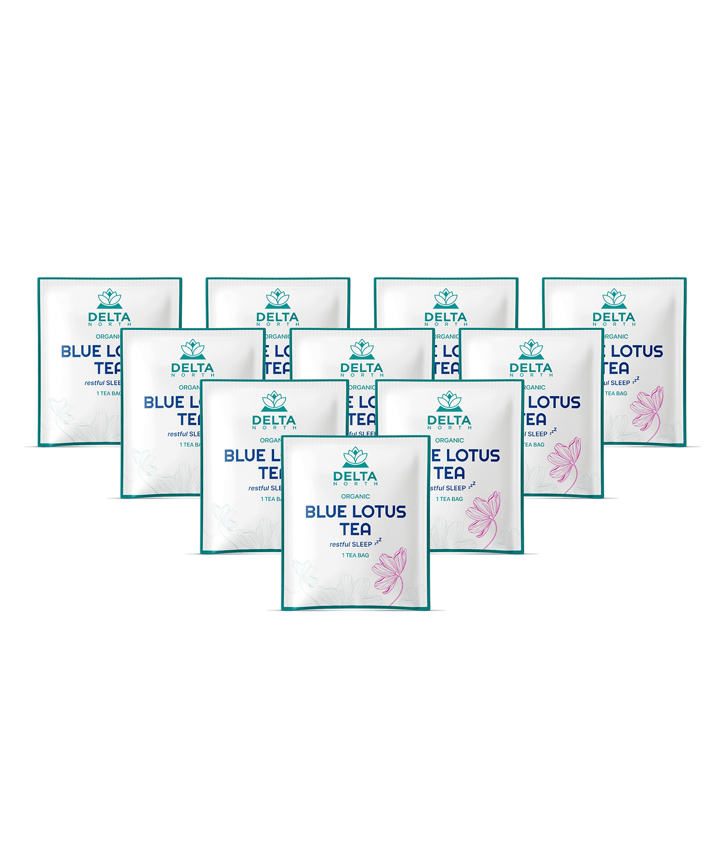 Delta North organic Blue Lotus Tea packets promoting restful sleep, each containing 1 tea bag