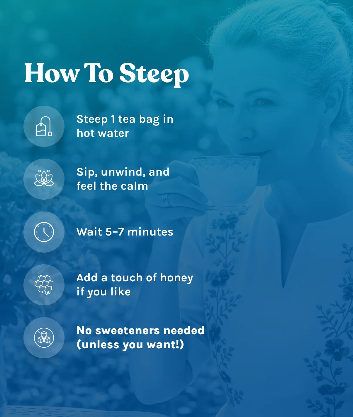 How to steep blue lotus tea instructions with woman sipping tea in floral cup