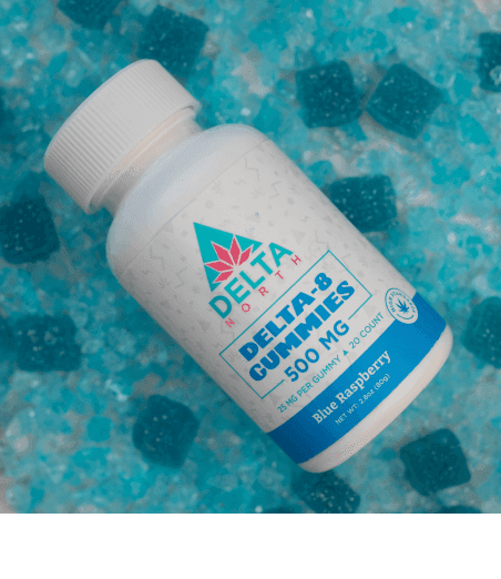 Blue Raspberry flavor 500 mg gummies on liquid background