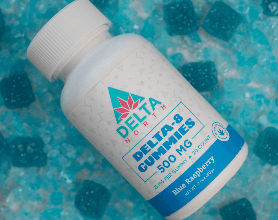 Blue Raspberry flavor 500 mg gummies on liquid background