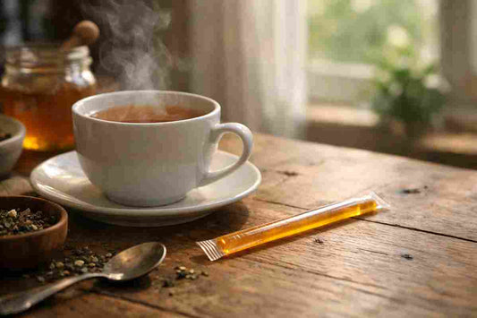 Single clover honey sticks packet beside steaming cup of tea with loose herbs on rustic wooden table