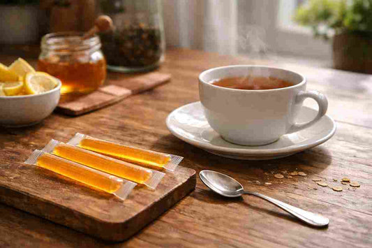 Three honey sticks calories source packets on wooden board beside steaming tea, lemon slices, and honey jar