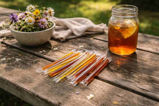 Wildflower honey sticks on rustic wooden table with honey jar and fresh wildflowers in garden