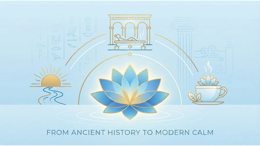 Illustration of blue lotus flower with symbols of ancient calm, healing bath, and tea cup on blue background