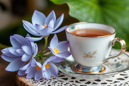 Delicate blue lotus flowers beside an elegant white teacup with gold accents on a lace tablecloth