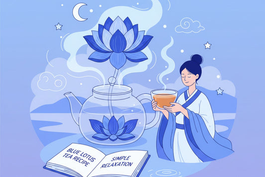 Illustration of woman in traditional attire enjoying blue lotus tea with teapot, open book on relaxation