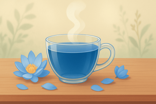Clear cup of steaming blue lotus tea with blue lotus flower and petals on wooden surface