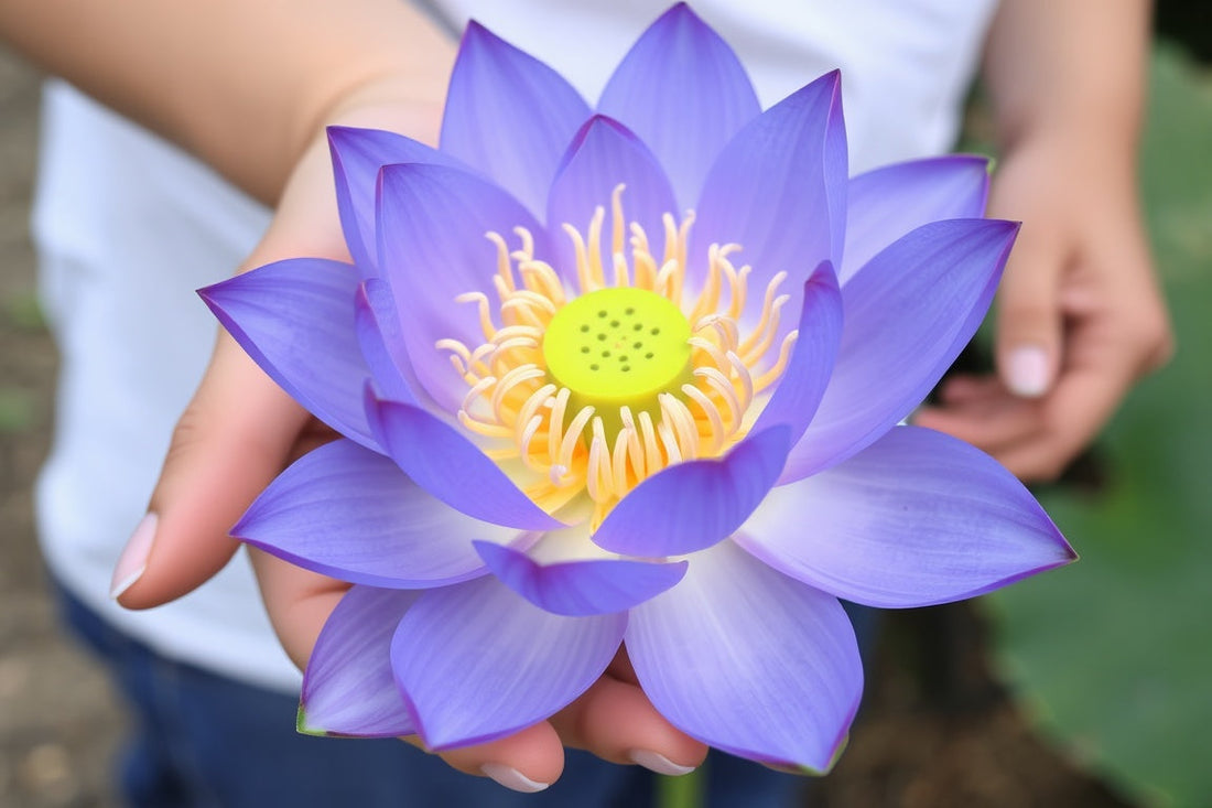 Fresh blue lotus flower (Nymphaea caerulea) held in two hands