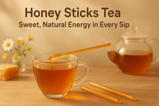 Glass cup of tea with honey stick dripping honey, honeycomb, flowers, and teapot on wooden table