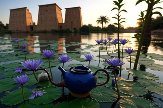 Blue teapot on lotus leaves with blooming blue lotus flowers and ancient Egyptian temple in background at sunset