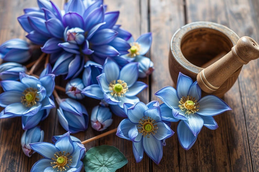 Fresh blue lotus flowers and wooden mortar with pestle on rustic wooden surface