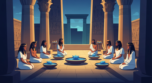 A stylized illustration of eight Ancient Egyptian figures sitting in a circle on a temple floor, each with a blue lotus flower floating in a bowl before them.