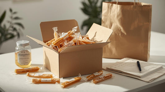 Cardboard box filled with bulk honey sticks in individually wrapped packaging on white desk with shopping bag and notebook