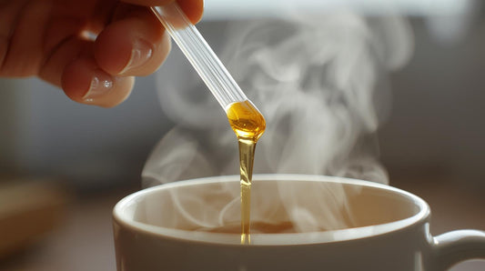 Clear straw filled with golden honey being held over cup illustrates how to make honey sticks for personal use