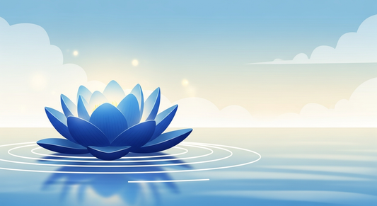 A large blue lotus flower floating on calm water with white concentric ripples under a soft, glowing sky.