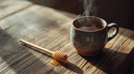 Steaming tea cup on rustic wooden table with honey dipper showing natural sweetening similar to hemp honey sticks benefits