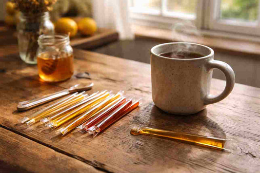  Honey sticks candy arranged on wooden table with coffee mug and honey jar in natural kitchen setting