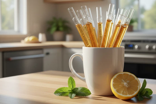 This scene depicts honey sticks, portable and convenient containers of pure honey, that can be used to sweeten and enhance a variety of hot drinks or other culinary preparations.