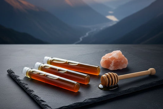 This image showcases Himalayan shilajit honey sticks, a natural health supplement, alongside a scenic mountain landscape, highlighting their potential benefits for active outdoor pursuits.