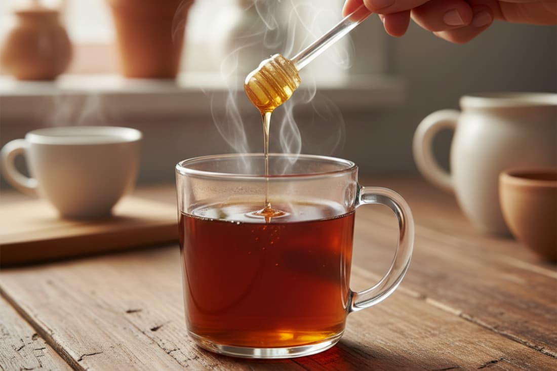 The visual depicts the seamless incorporation of honey into a steaming beverage, showcasing the ease with which honey sticks can be used to enhance the flavor and wellness properties of tea.
