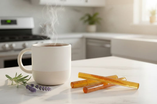The image depicts a steaming mug alongside a cluster of CBD honey sticks, suggesting the potential for incorporating these wellness products into a soothing, restorative daily routine.