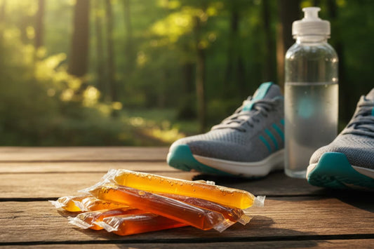 The visual depicts honey sticks, a natural energy booster, positioned alongside fitness equipment, hinting at their potential role in fueling physical activities.