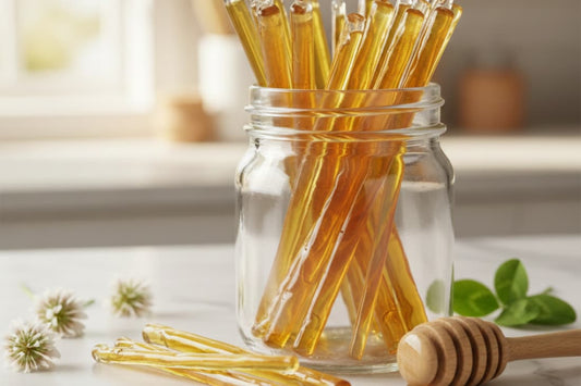 honey sticks in an open jar