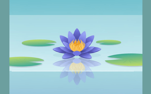 Blue lotus flower with yellow center floating on calm water with green lily pads
