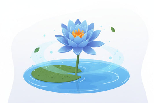 Illustration of a blue lotus flower with green lily pad floating on water, herbal tea concept