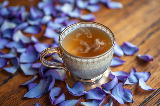 Steam rising from a cup of blue lotus tea surrounded by blue lotus petals on wooden surface