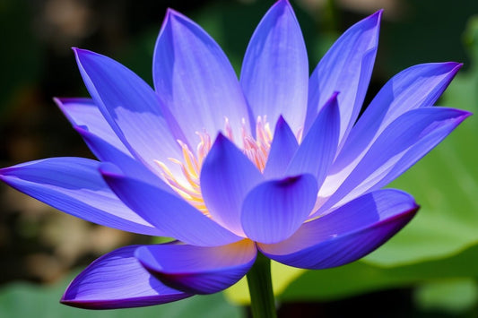 Close-up of vibrant blue lotus flower with purple-tipped petals and yellow center in natural green background