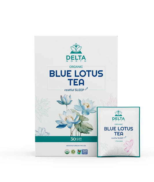 Delta North organic Blue Lotus Tea packaging with floral design, 30 cups of restful sleep tea