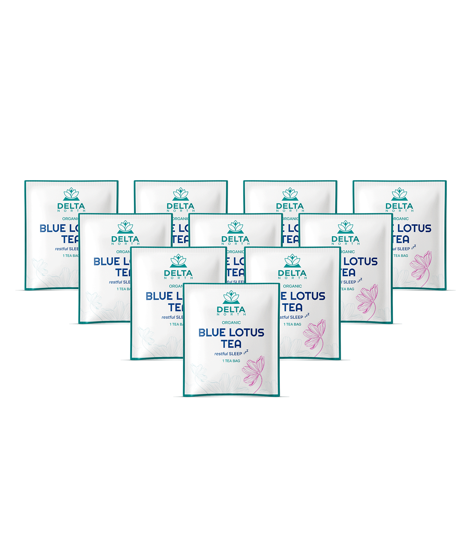 Delta North organic Blue Lotus Tea packets promoting restful sleep, each containing 1 tea bag